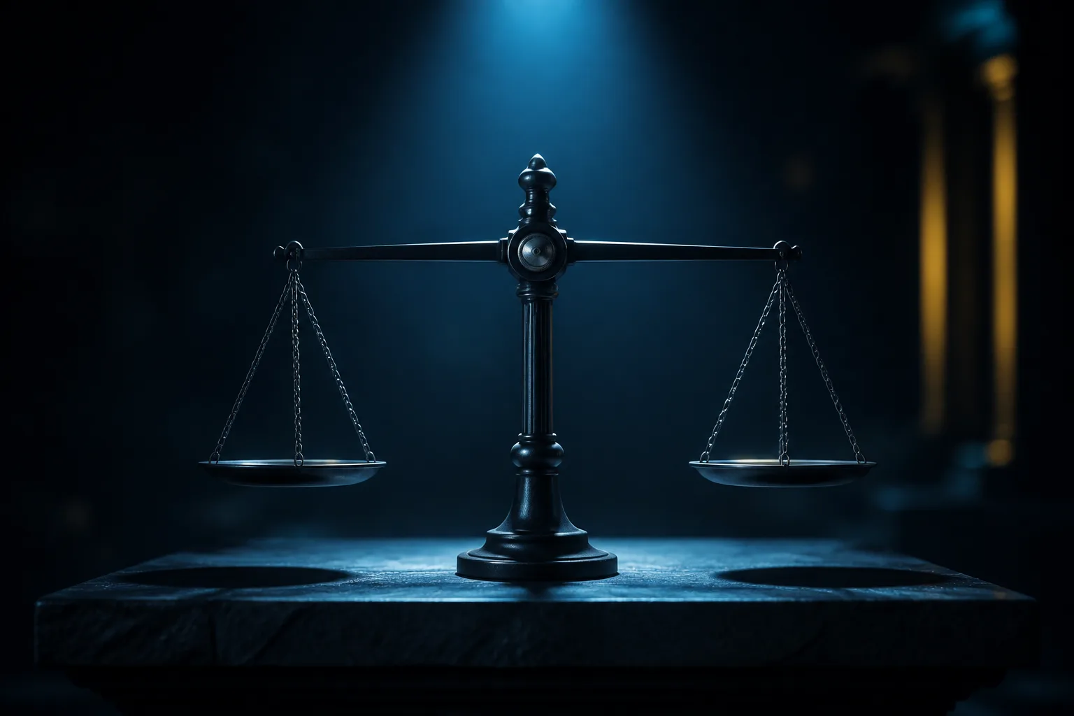 ميزان دقيق من معدن داكن في حالة اتّزان تامّ، بضوء سماوي علوي يلقي ظلّين متماثلين