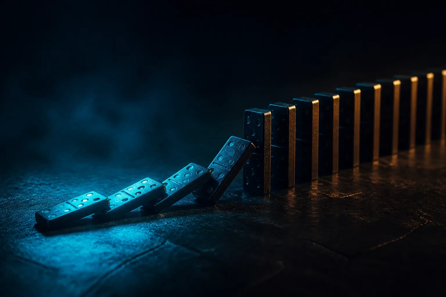 صفّ من قطع دومينو داكنة، ثلاث منها ساقطة والرابعة متجمّدة في لحظة السقوط